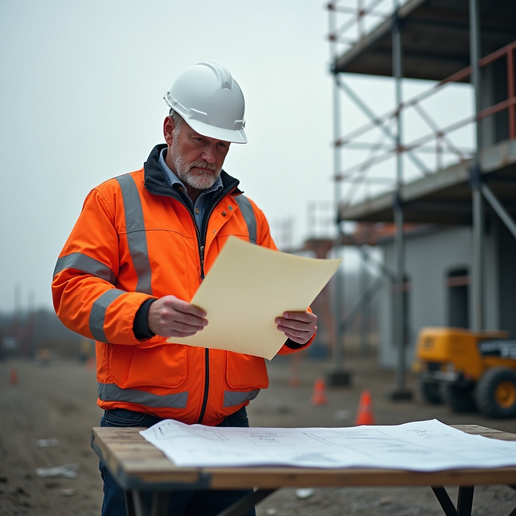 Builder in hard hat and hi-vis vest reviewing site inspection documents and compliance paperwork at a construction site