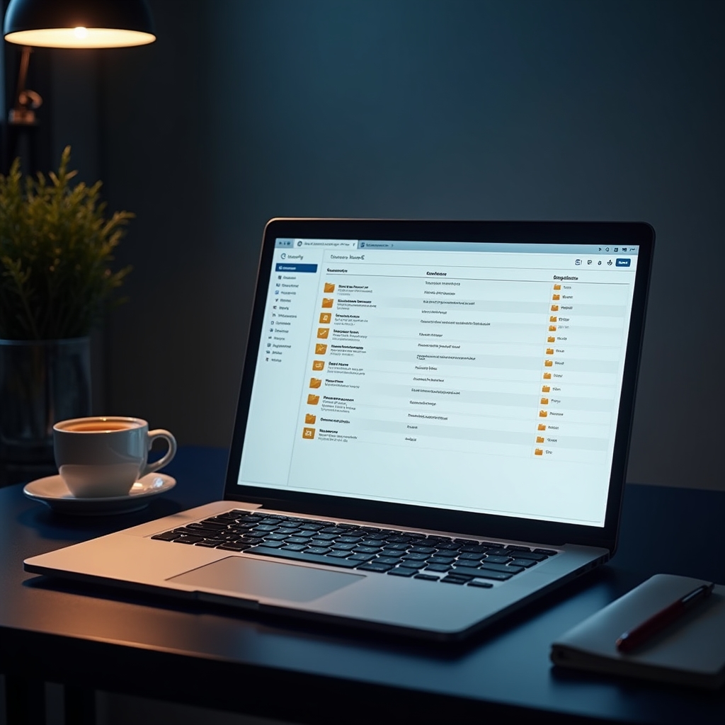 Clean organised digital filing system displayed on a laptop screen showing categorised trade documents, certificates and compliance files in a structured folder hierarchy