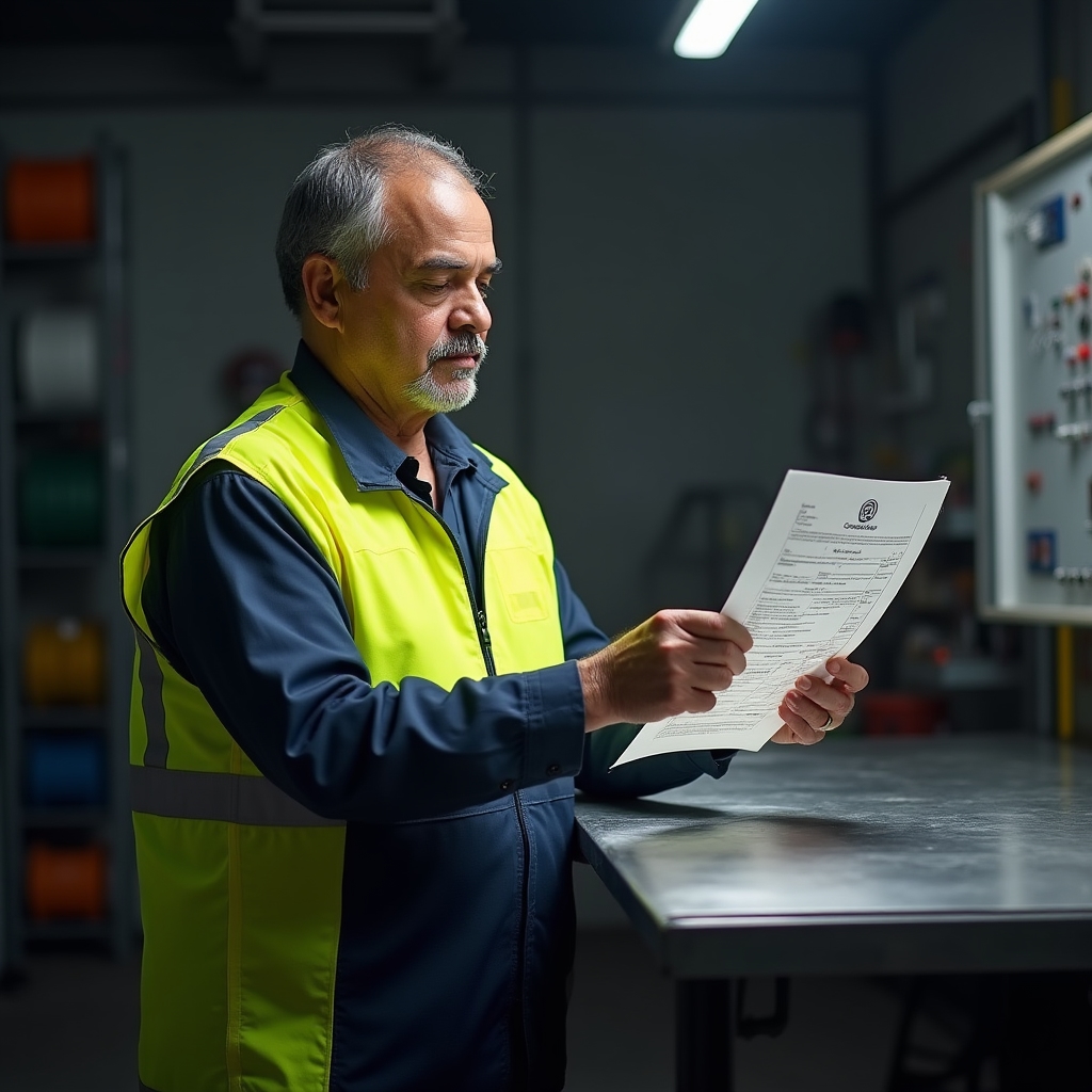 Electrician in high-vis jacket reviewing compliance certificates and documentation on a workbench