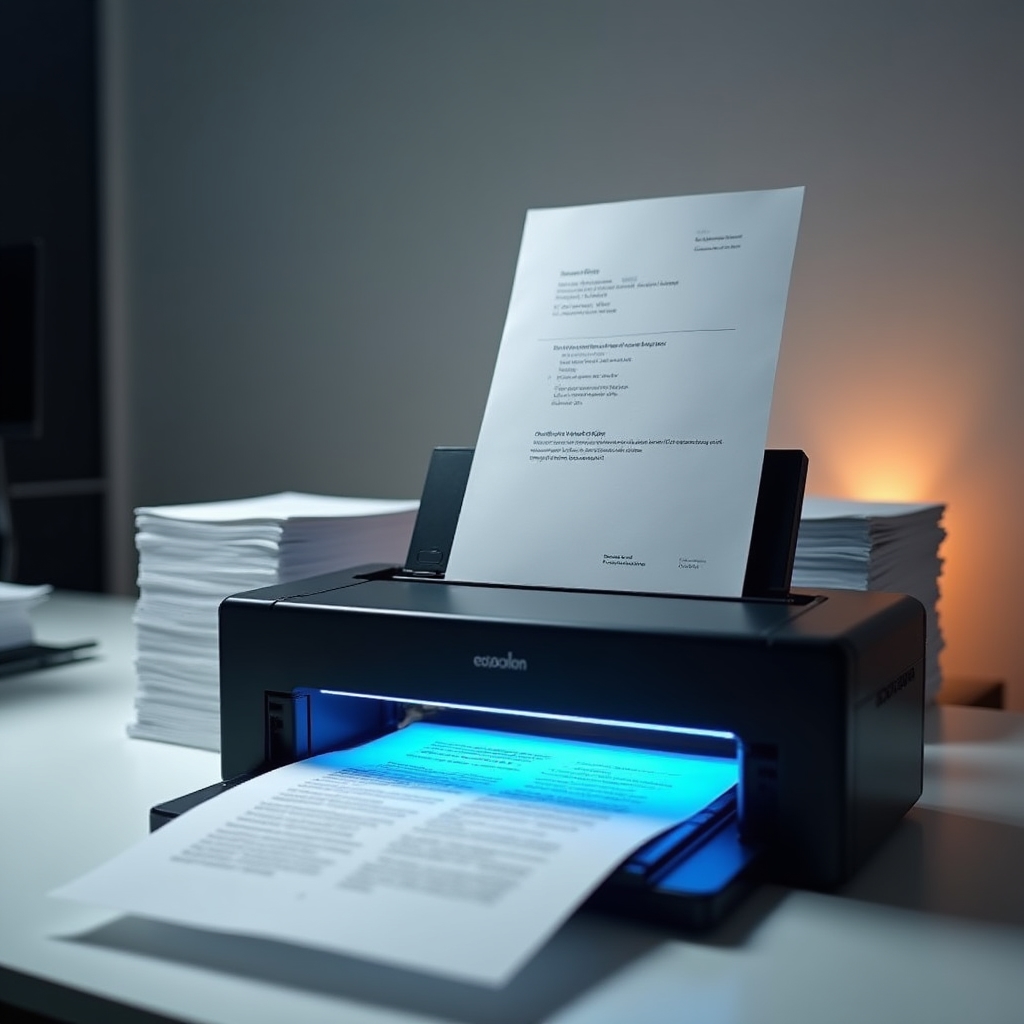 High resolution professional document scanner processing trade certificates and compliance paperwork in a clean modern scanning facility