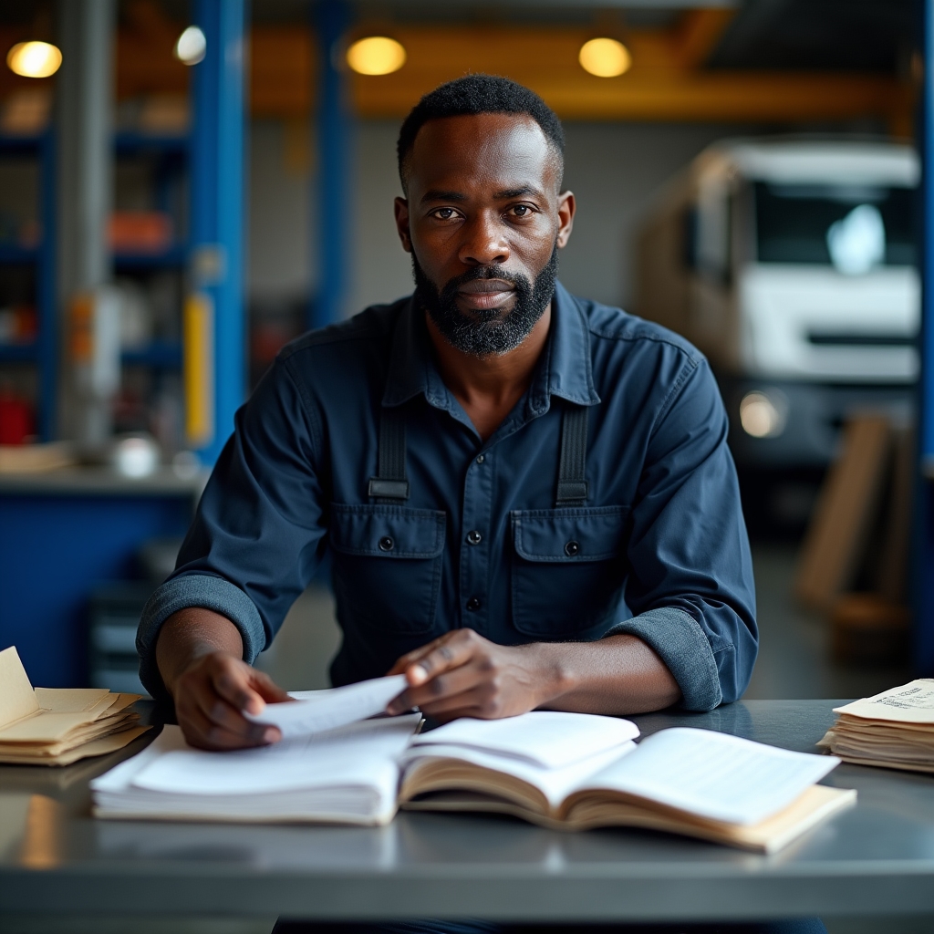 Mechanic in overalls at a workshop desk organising vehicle service records, MOT certificates and trade documentation