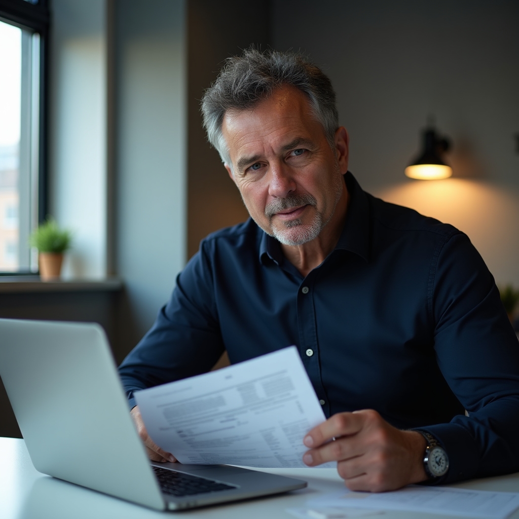 OpenReferium team member at a clean modern desk reviewing trade compliance documents in a professional Dublin office environment