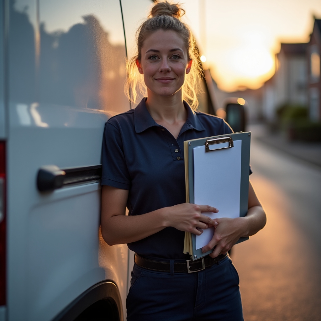 Plumber in work clothes standing beside a van, holding a folder of compliance documents and certification papers